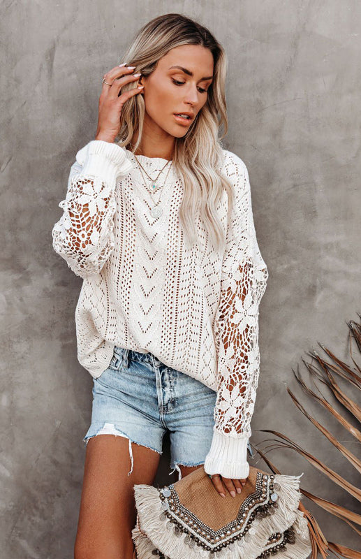 Crochet Sweaters- Cotton Blend Wool Knit Crew Neck Bishop Sleeve Sweater- - Pekosa Women Clothing
