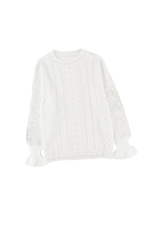 Sweaters- Bishop Sleeve Crew Neck Sweater in Cotton Wool Knit Blend- - Pekosa Women Clothing