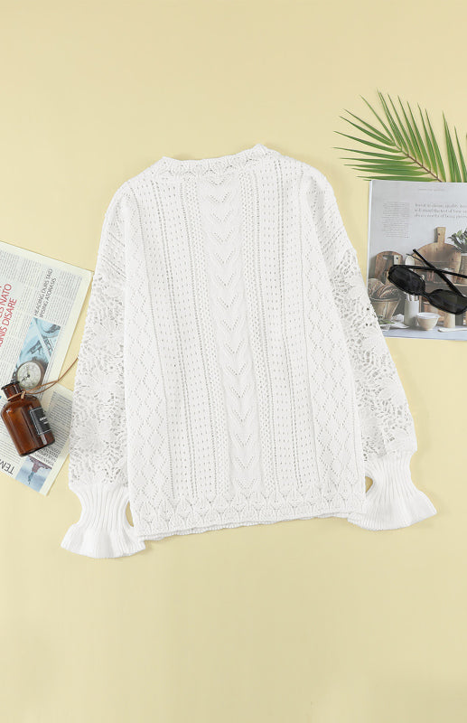 Crochet Sweaters- Cotton Blend Wool Knit Crew Neck Bishop Sleeve Sweater- - Pekosa Women Clothing