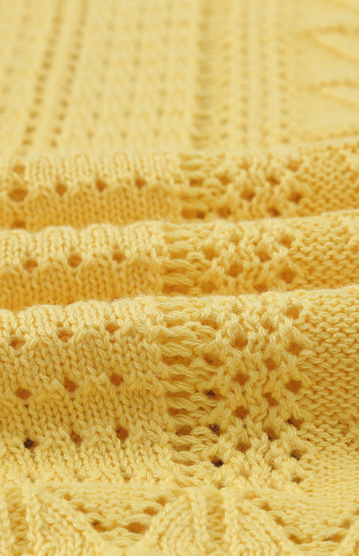 Crochet Sweaters- Cotton Blend Wool Knit Crew Neck Bishop Sleeve Sweater- - Pekosa Women Clothing
