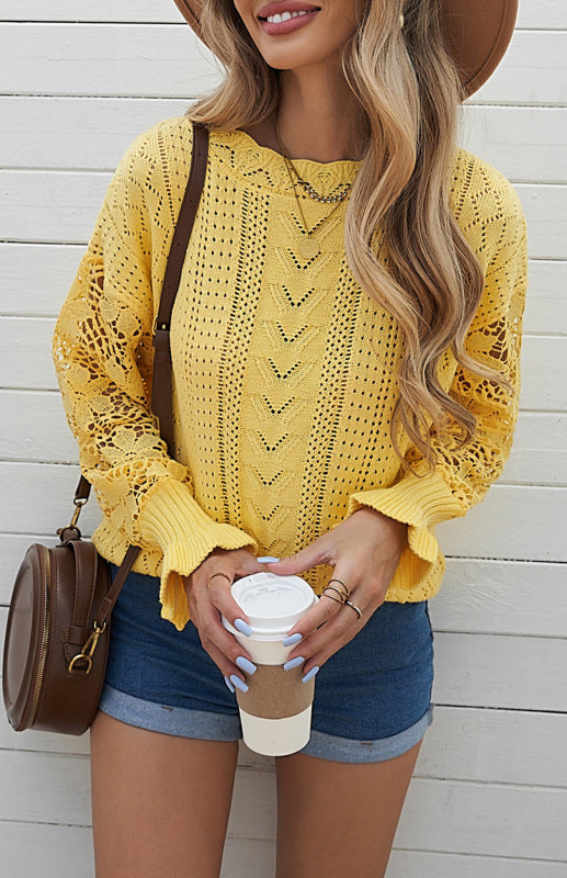 Crochet Sweaters- Cotton Blend Wool Knit Crew Neck Bishop Sleeve Sweater- - Pekosa Women Clothing