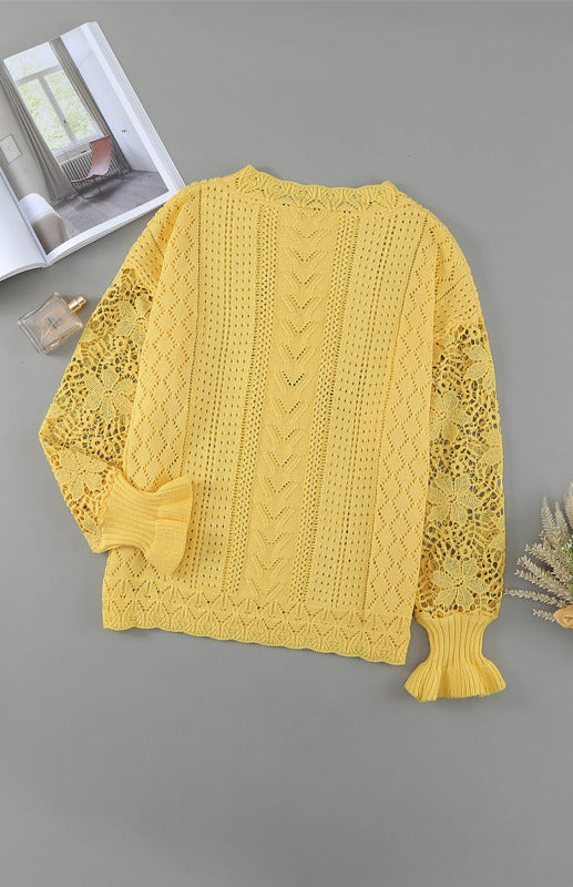 Sweaters- Bishop Sleeve Crew Neck Sweater in Cotton Wool Knit Blend- - Pekosa Women Clothing