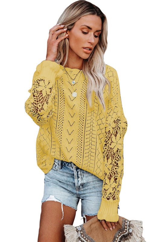 Sweaters- Bishop Sleeve Crew Neck Sweater in Cotton Wool Knit Blend- - Pekosa Women Clothing