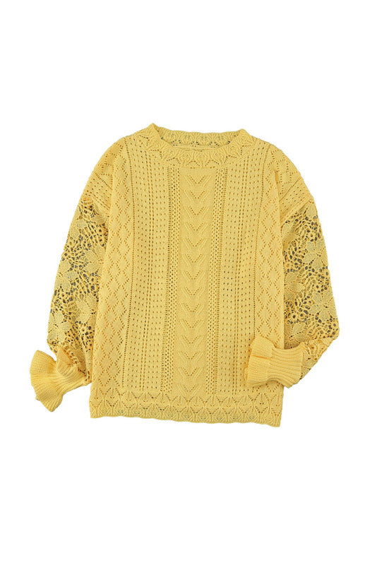 Sweaters- Bishop Sleeve Crew Neck Sweater in Cotton Wool Knit Blend- - Pekosa Women Clothing