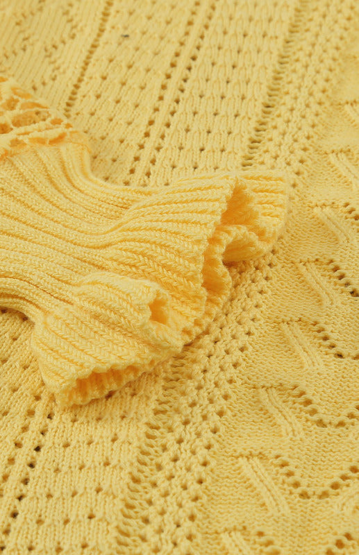 Crochet Sweaters- Cotton Blend Wool Knit Crew Neck Bishop Sleeve Sweater- - Pekosa Women Clothing