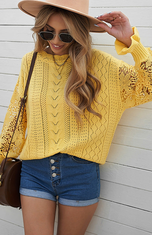 Sweaters- Bishop Sleeve Crew Neck Sweater in Cotton Wool Knit Blend- - Pekosa Women Clothing