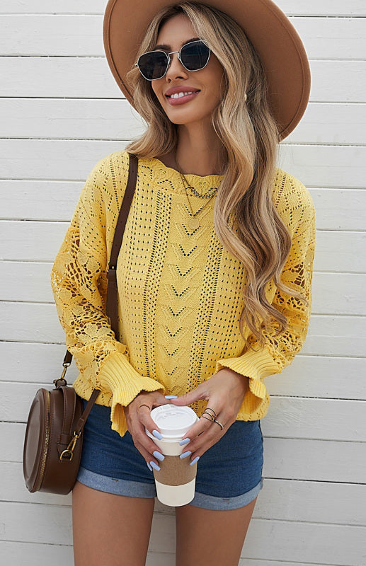 Sweaters- Bishop Sleeve Crew Neck Sweater in Cotton Wool Knit Blend- - Pekosa Women Clothing