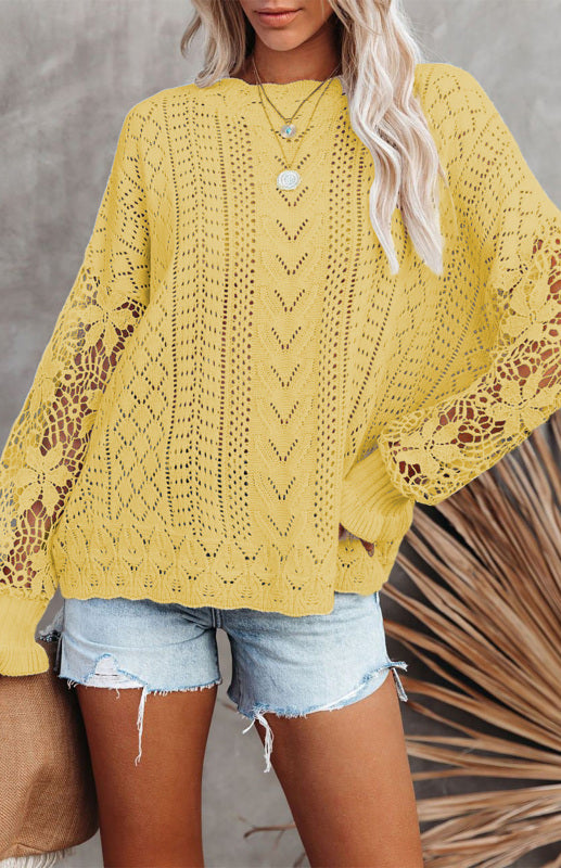 Crochet Sweaters- Cotton Blend Wool Knit Crew Neck Bishop Sleeve Sweater- - Pekosa Women Clothing