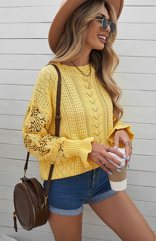 Sweaters- Bishop Sleeve Crew Neck Sweater in Cotton Wool Knit Blend- - Pekosa Women Clothing
