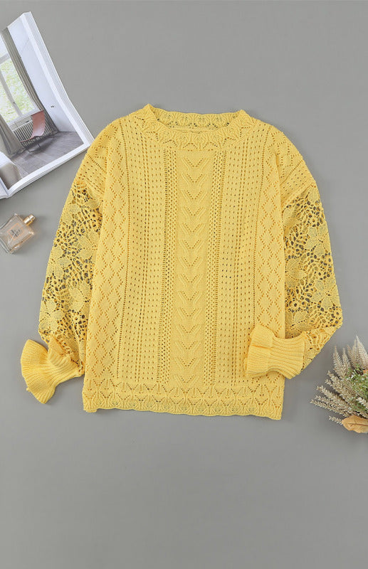 Sweaters- Bishop Sleeve Crew Neck Sweater in Cotton Wool Knit Blend- - Pekosa Women Clothing