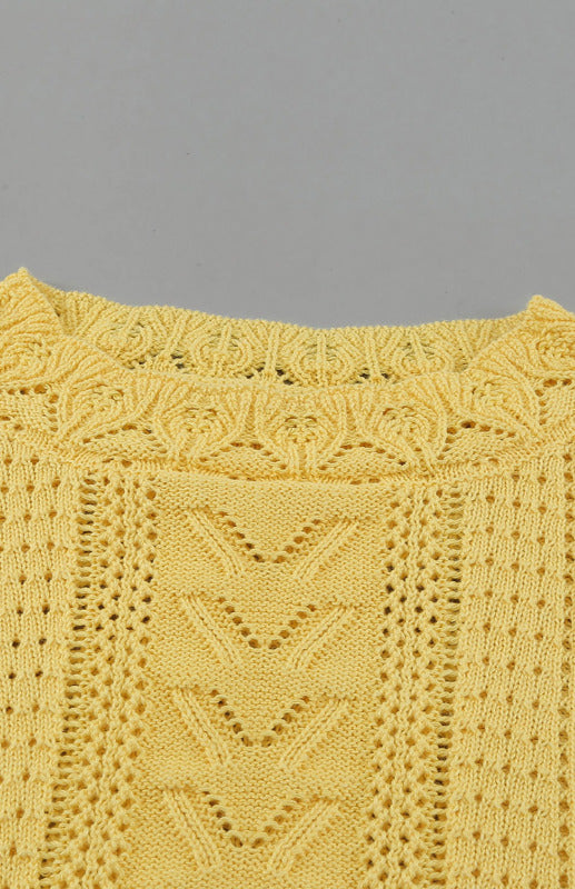 Crochet Sweaters- Cotton Blend Wool Knit Crew Neck Bishop Sleeve Sweater- - Pekosa Women Clothing