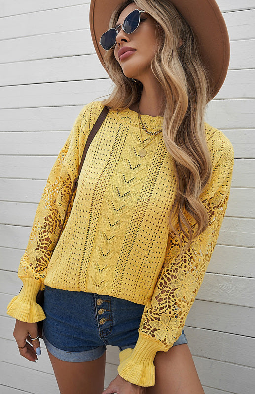 Sweaters- Bishop Sleeve Crew Neck Sweater in Cotton Wool Knit Blend- - Pekosa Women Clothing