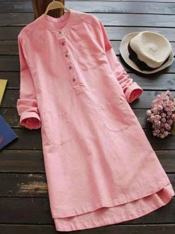 Tunic Dresses- Essential Tunic Dress in Textured Cotton-Linen- Pink- Pekosa Women Clothing