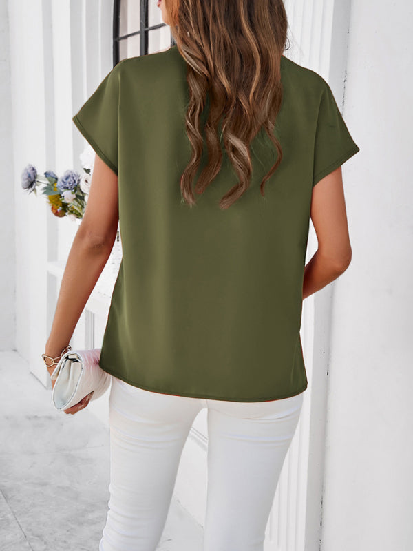 Blouses- Solid Loose-Fit V-Neck Blouse with Lovely Lace Trim- - Pekosa Women Fashion