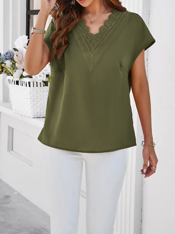 Blouses- Solid Loose-Fit V-Neck Blouse with Lovely Lace Trim- - Pekosa Women Fashion