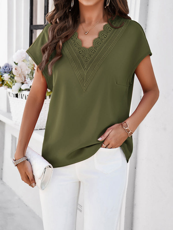 Blouses- Solid Loose-Fit V-Neck Blouse with Lovely Lace Trim- - Pekosa Women Fashion