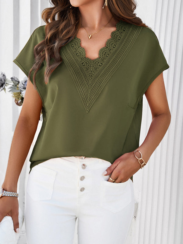 Blouses- Solid Loose-Fit V-Neck Blouse with Lovely Lace Trim- - Pekosa Women Fashion