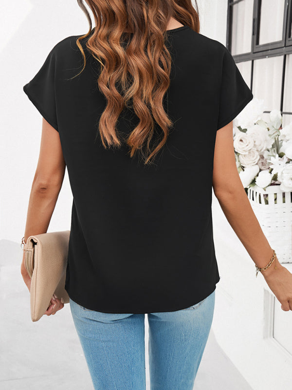 Blouses- Solid Loose-Fit V-Neck Blouse with Lovely Lace Trim- - Pekosa Women Fashion