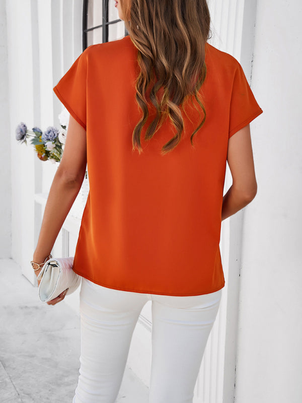 Blouses- Solid Loose-Fit V-Neck Blouse with Lovely Lace Trim- - Pekosa Women Fashion