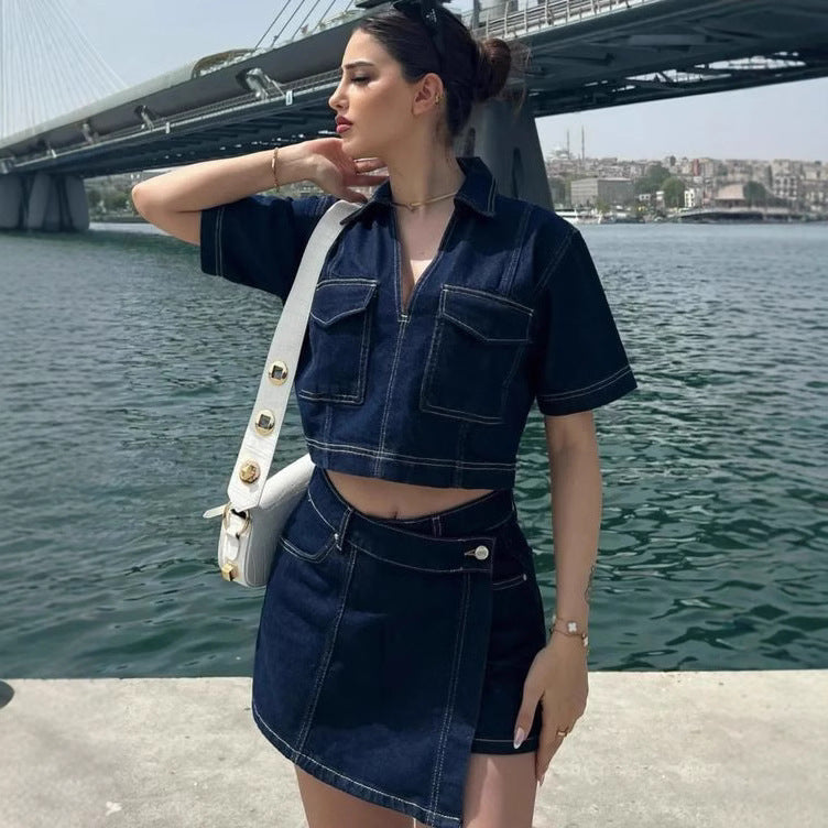 Skirt Set - Summer V-neck Short-sleeved Top Summer Women's Hot Girl High Waist Irregular