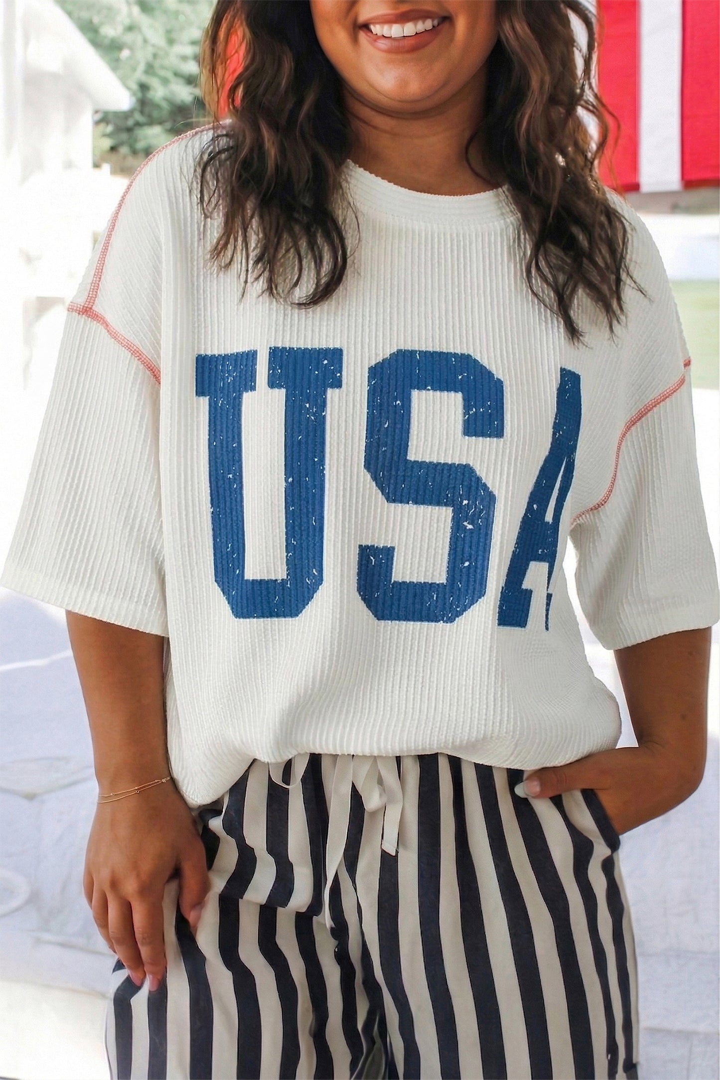 Plus Size Tops & Tees - White Plus Size Twisted Rib Vintage USA Letter Printed T Shirt