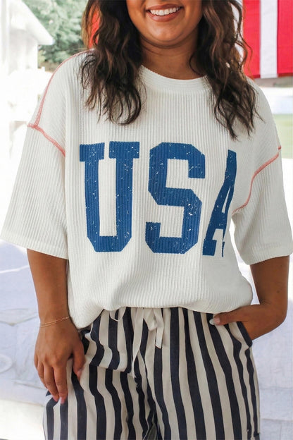 Plus Size Tops & Tees - White Plus Size Twisted Rib Vintage USA Letter Printed T Shirt