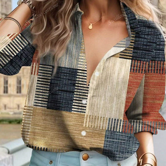 Shirts - Color Block Button Print Long Sleeve Casual Retro Shirt