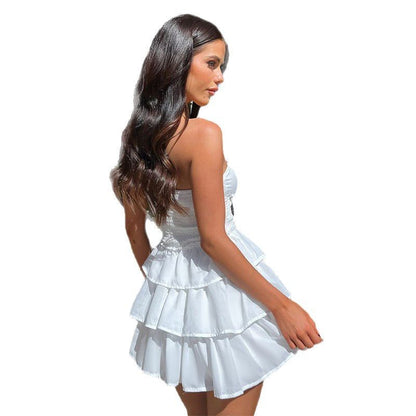 Tube Mini Dresses - Tube Top Hollow-out Cinched White Cake Dress Female Dress