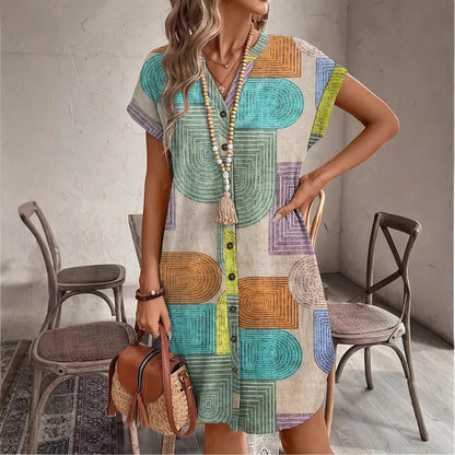 A-Line Dresses - Printed Woven Elegant V-neck Button Dress