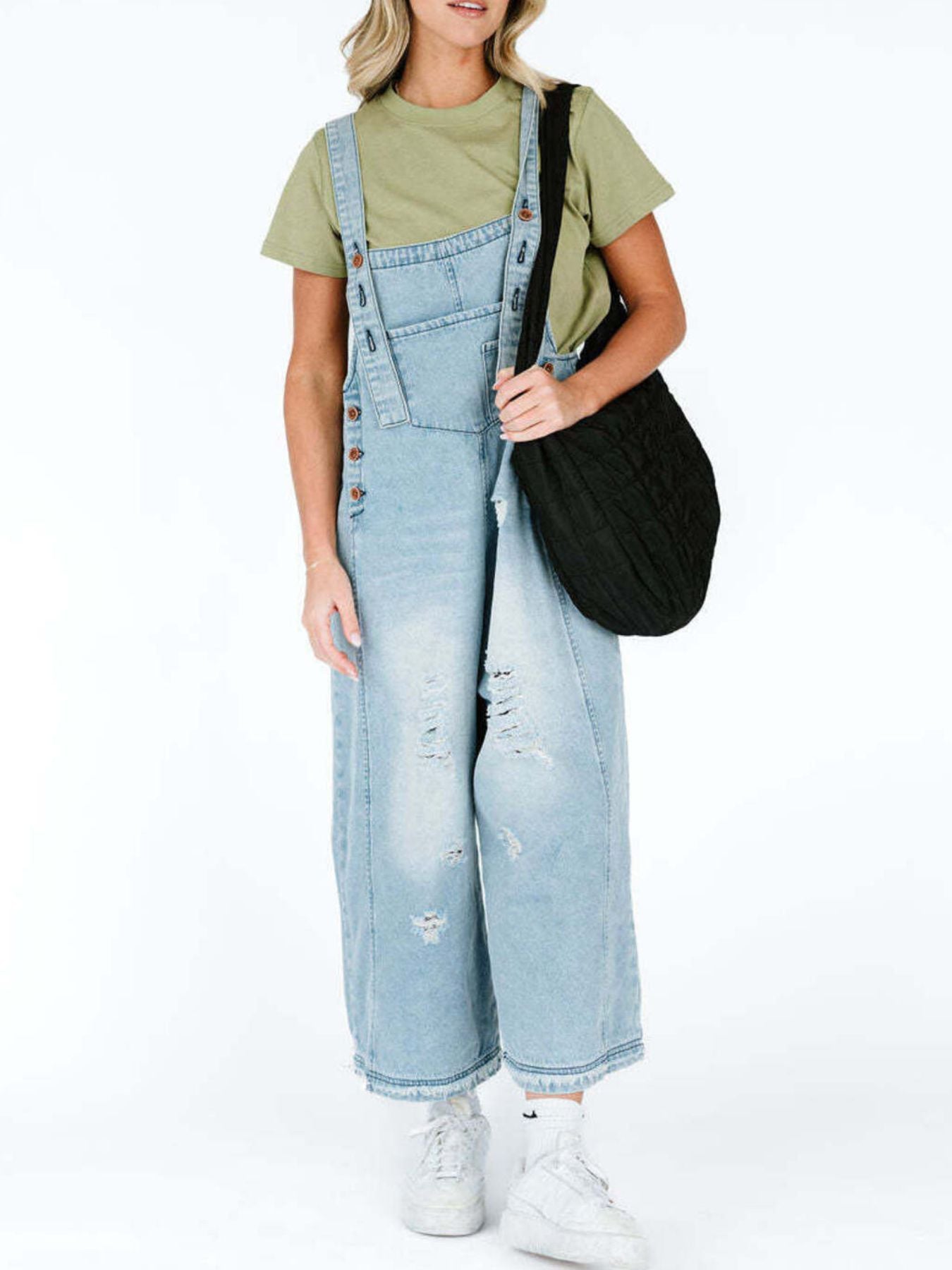  - Distressed Wide Leg Denim Overalls
