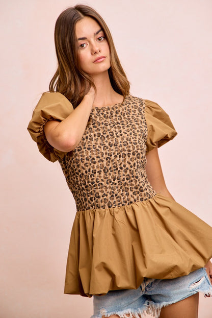  - BiBi Rib Texture Leopard Puff Sleeves Bubble Peplum Top