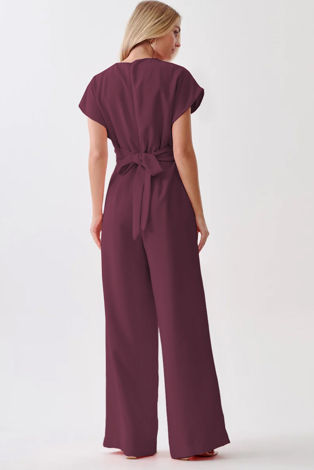 Jumpsuits & Rompers - Burgundy Solid Color Cap Sleeve Knot Waist Shift Jumpsuit