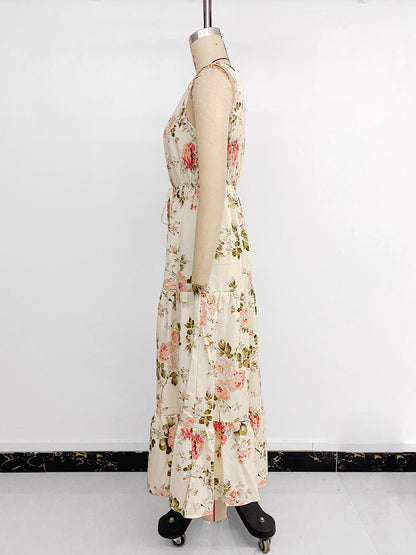 A-Line Dresses - European And American Printed Dress V-neck Lace Stitching Dress