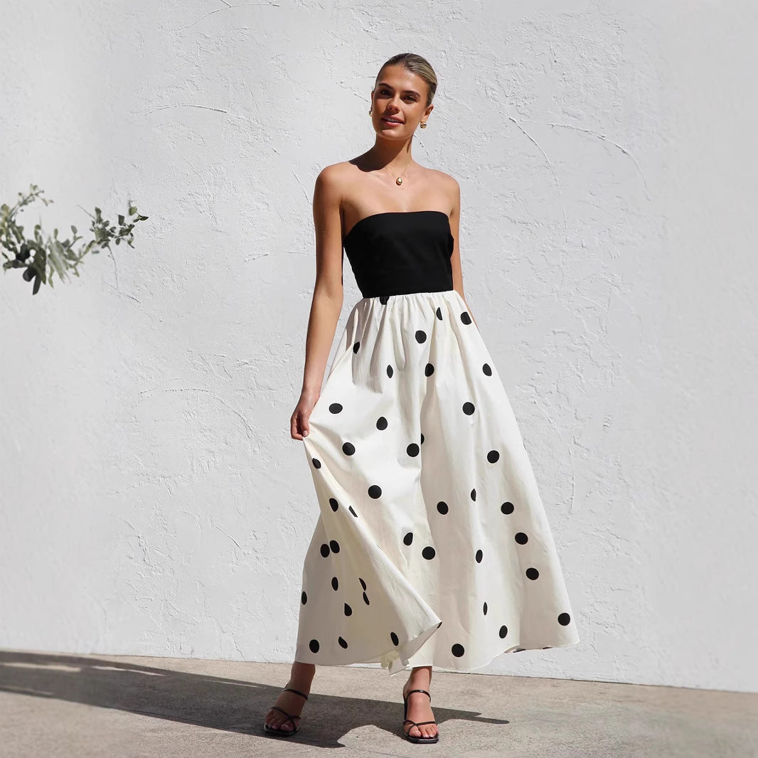 Strapless Dresses - Polka Dot Print Stitching Chest Wrap A- Line Dress