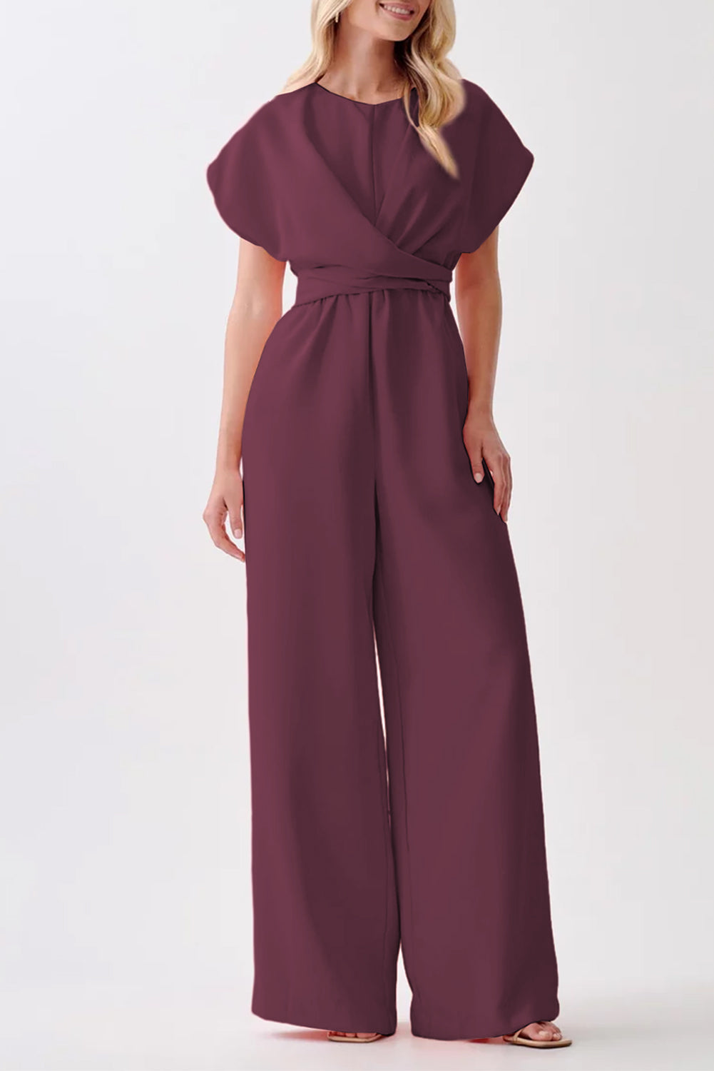 Jumpsuits & Rompers - Burgundy Solid Color Cap Sleeve Knot Waist Shift Jumpsuit