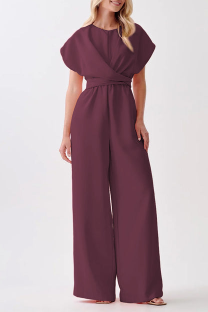 Jumpsuits & Rompers - Burgundy Solid Color Cap Sleeve Knot Waist Shift Jumpsuit