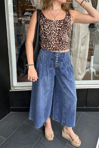 Jeans - Dusk Blue High Rise Buttons Pleated Cropped Wide Leg Denim Pants