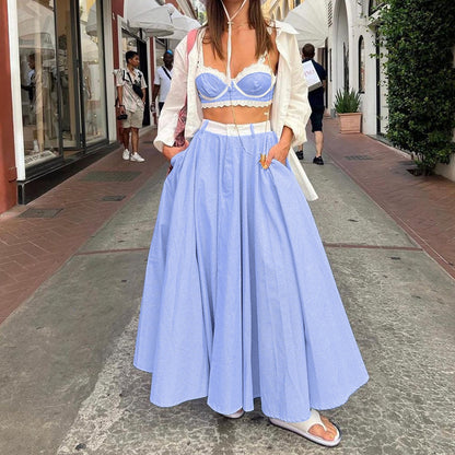 Skirt Set - Lace Splicing Sling Vest High Waist Big Swing Skirt Two-piece Set