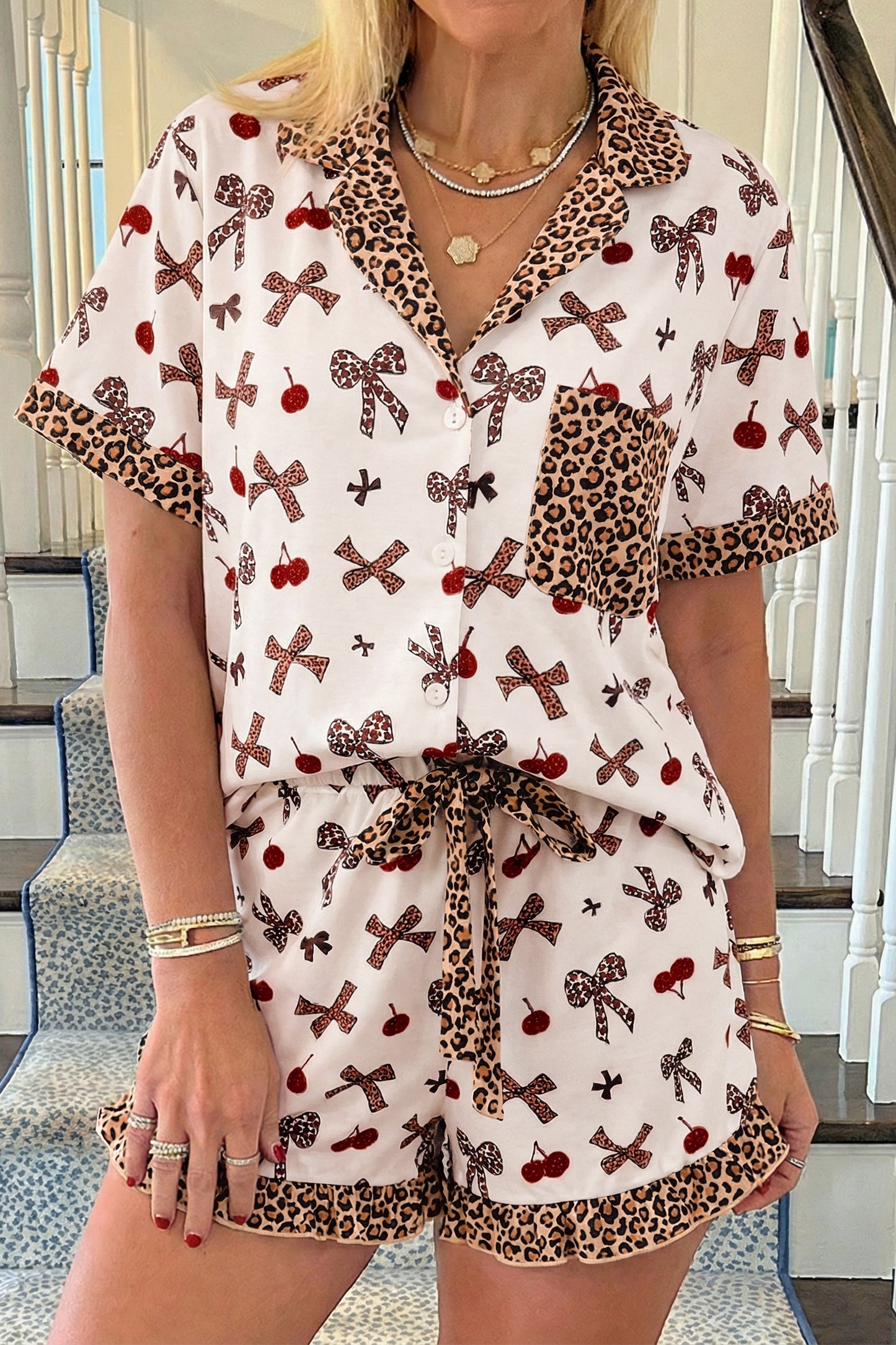 Sleepwear - White Chic Bow Cherry Printed Leopard Contrast Patchwork Shirt Drawstring Shorts 2pcs PJ Set