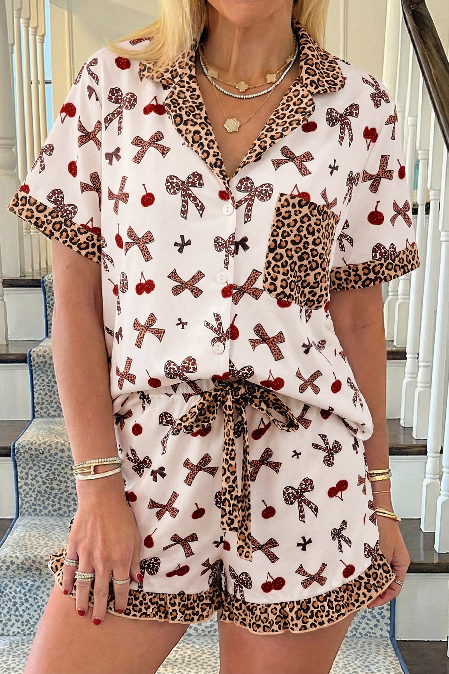 Sleepwear - White Chic Bow Cherry Printed Leopard Contrast Patchwork Shirt Drawstring Shorts 2pcs PJ Set
