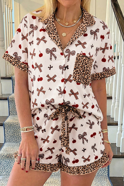 Sleepwear - White Chic Bow Cherry Printed Leopard Contrast Patchwork Shirt Drawstring Shorts 2pcs PJ Set