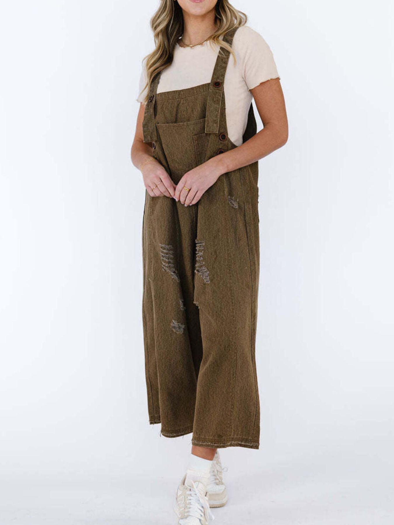  - Distressed Wide Leg Denim Overalls