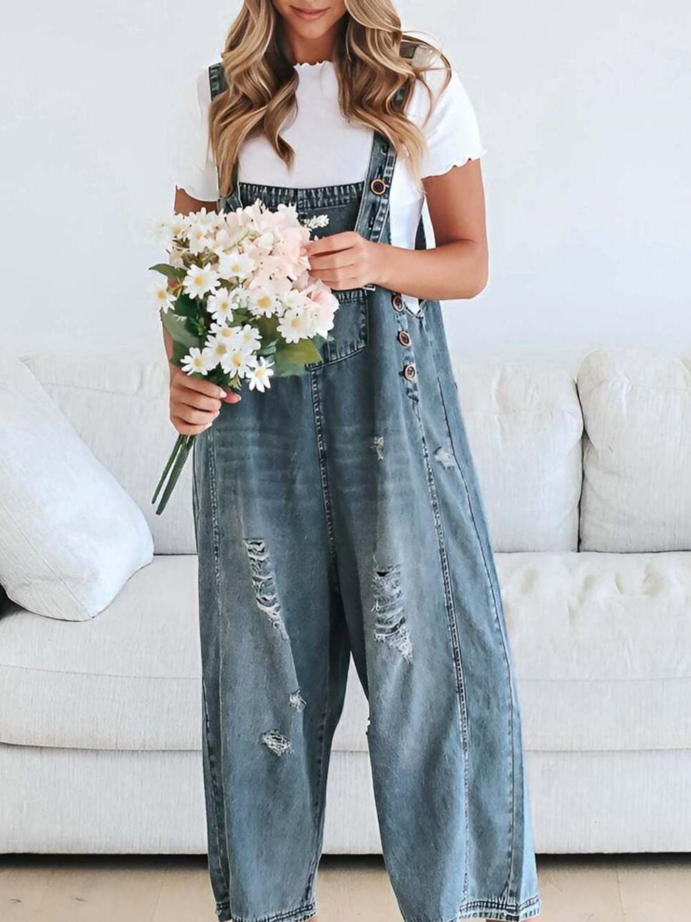  - Distressed Wide Leg Denim Overalls