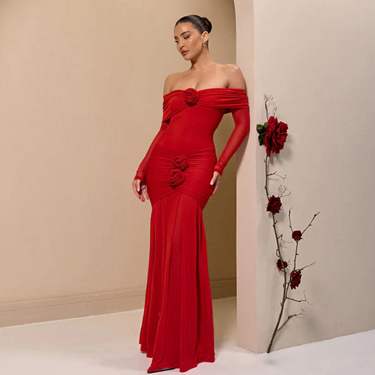 Elegant Dresses - Fashion Off-shoulder Pleated Dress Flower Dress