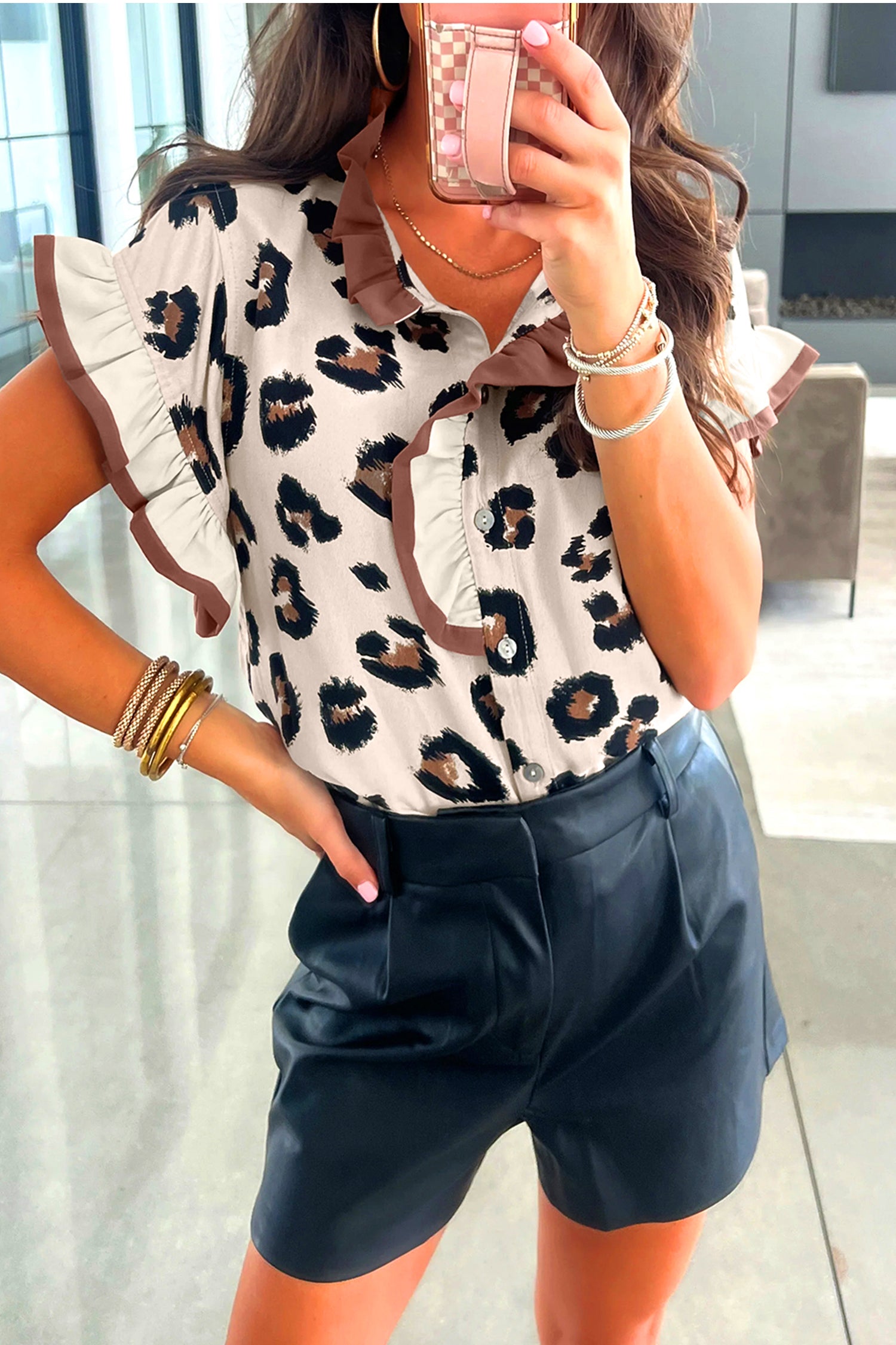 Blouses & Shirts - Khaki Leopard Printed Ruffle Sleeve Summer Blouse