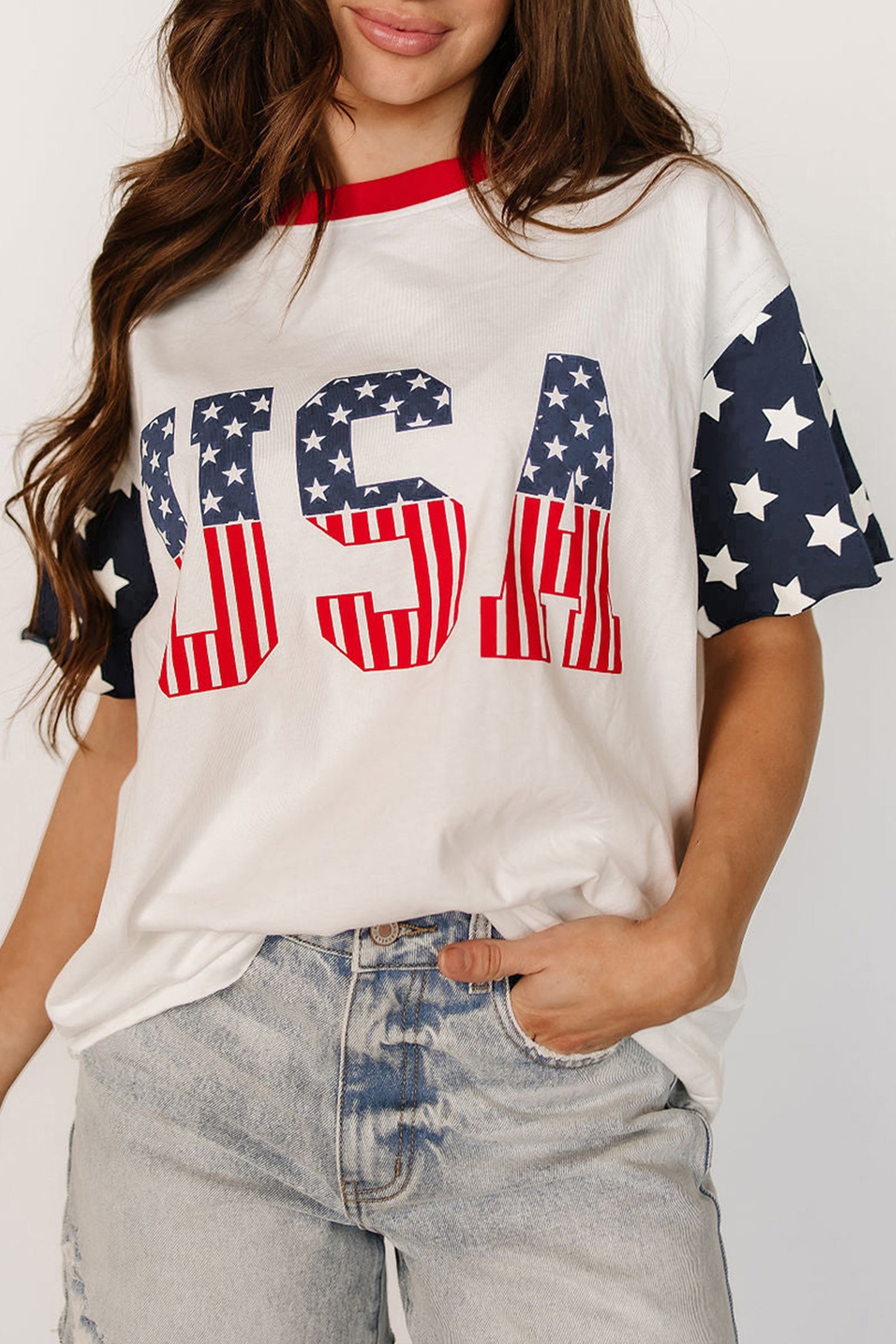 Tops & Tees - Jet Stream Flag Print USA Graphic Patchwork Casual Tee