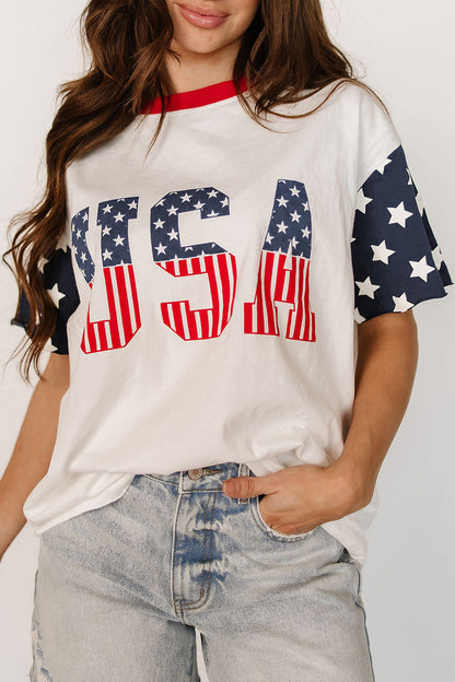 Tops & Tees - Jet Stream Flag Print USA Graphic Patchwork Casual Tee