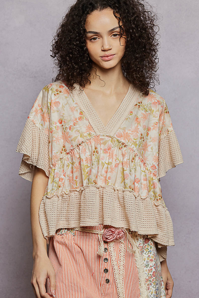  - POL Floral Print V-Neck Woven Blouse with Gentle Gathers