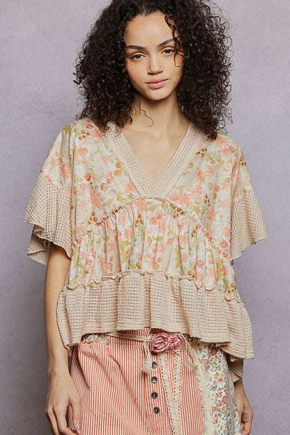  - POL Floral Print V-Neck Woven Blouse with Gentle Gathers