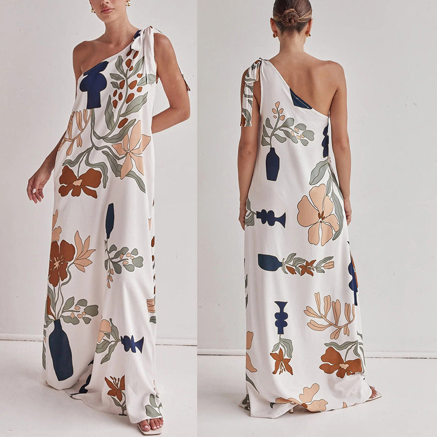 One Shoulder Dresses - Oblique Shoulder Printed Pocket Dress Loose